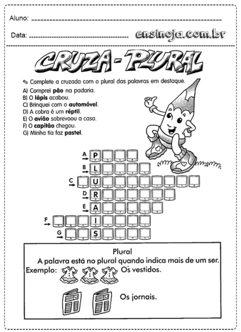 Atividade de cruzadinha sobre plural com ilustração de um lápis animado.