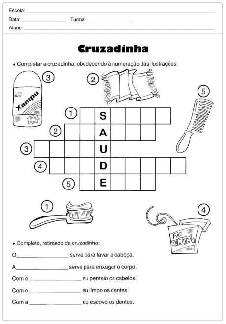 Atividade de cruzadinha sobre saúde com ilustrações de produtos de higiene.