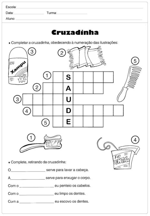 Atividade de cruzadinha sobre saúde com ilustrações de produtos de higiene.