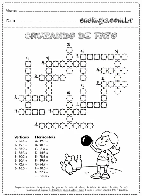 Atividade de cruzadinha com uma menina segurando uma bola e pinos de boliche.