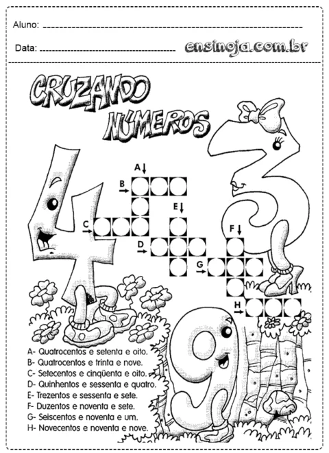 Atividade de cruzadinha com números para crianças.