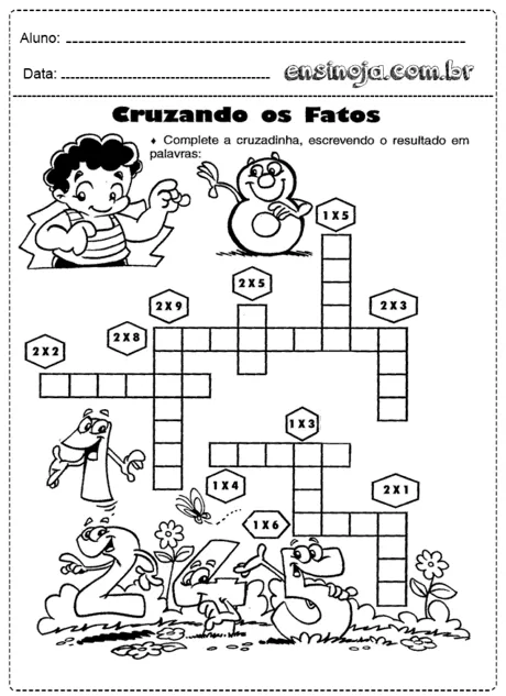 Atividade de cruzadinha com operações matemáticas para crianças.
