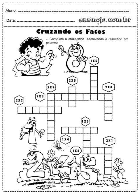 Atividade de cruzadinha com operações matemáticas para crianças.