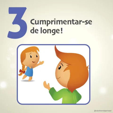 Ilustração de duas crianças se cumprimentando à distância.