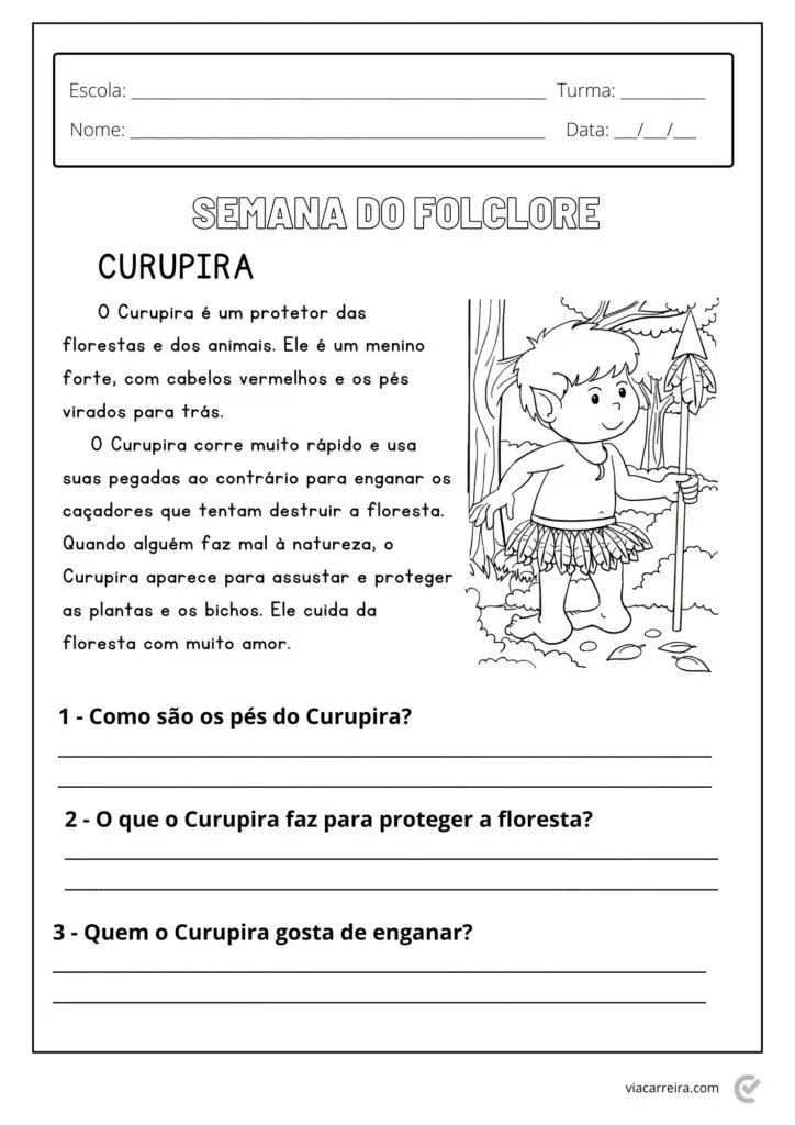 Ilustração do Curupira, um personagem do folclore brasileiro, com cabelos vermelhos e pés virados para trás, segurando um bastão.