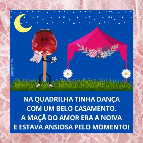 Personagem de maçã do amor dançando em frente a uma tenda de casamento na quadrilha.