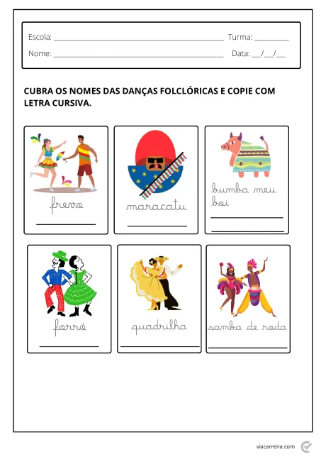 Ilustrações de danças folclóricas brasileiras com espaço para escrita.