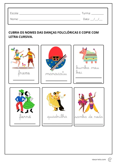 Ilustrações de danças folclóricas brasileiras com espaço para escrita.