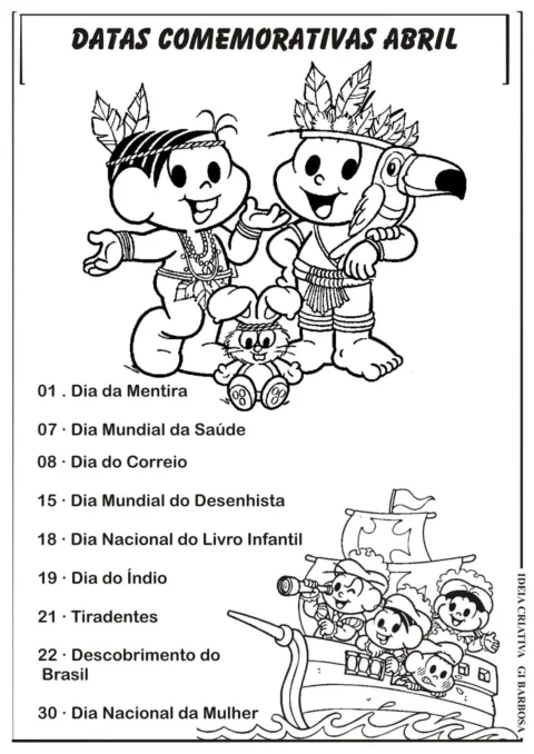 Desenho de personagens comemorando datas do mês de abril.