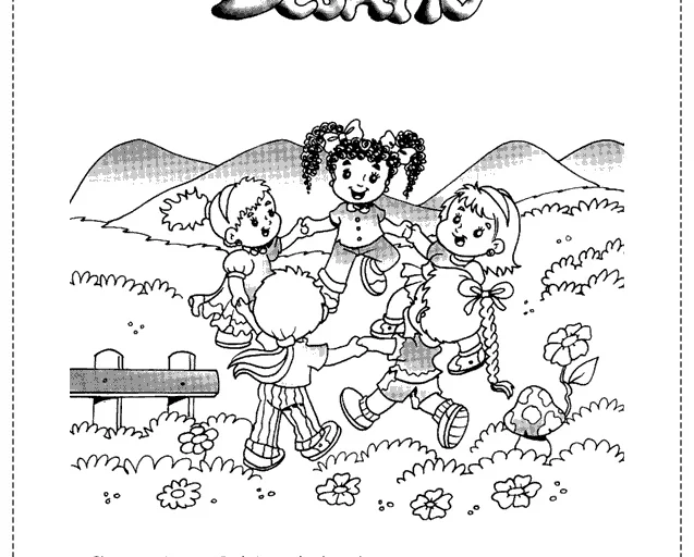 Desenho de crianças brincando de roda em um cenário ao ar livre.