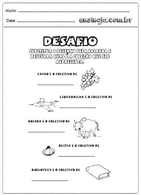 Atividade educativa sobre coletivos com desenhos para completar.