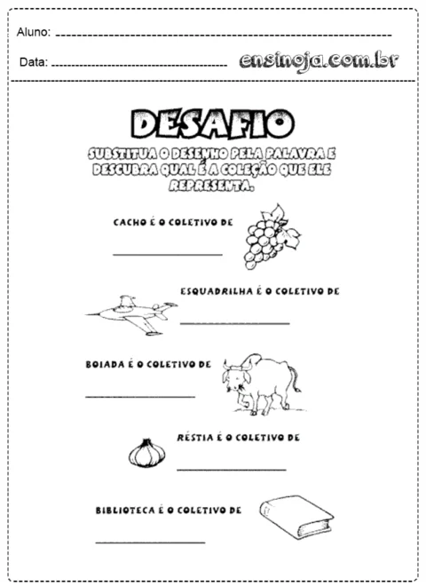 Atividade educativa sobre coletivos com desenhos para completar.