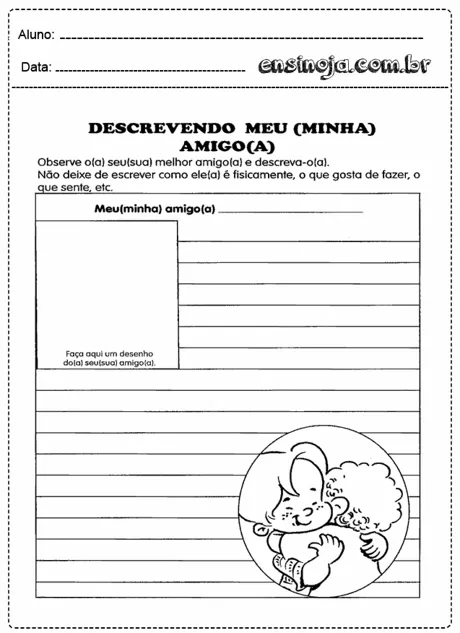Atividade escolar sobre descrever um amigo, com espaço para desenho.