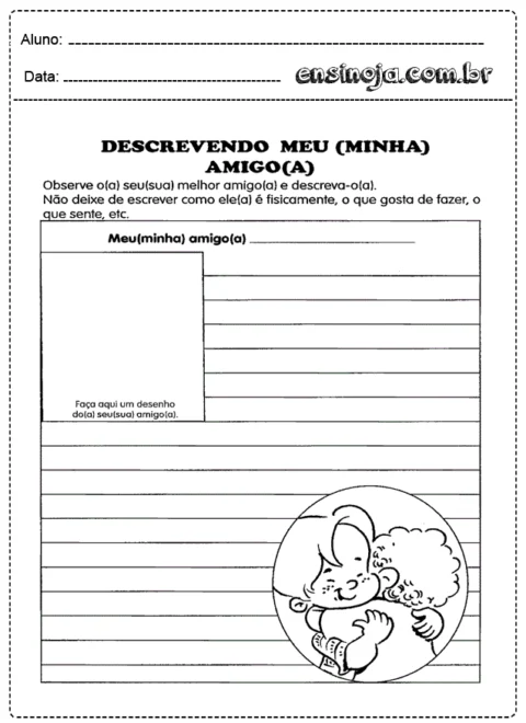 Atividade escolar sobre descrever um amigo, com espaço para desenho.