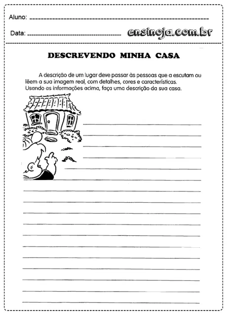 Atividade sobre a descrição da casa com espaço para escrita.