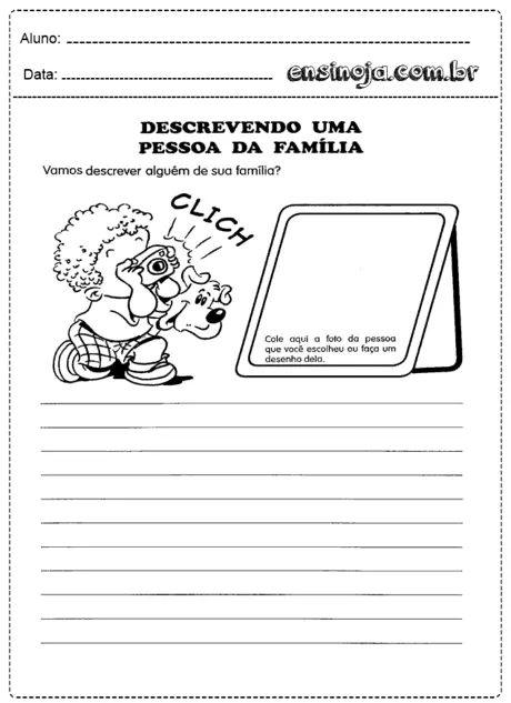 Atividade de descrição de uma pessoa da família com espaço para colar uma foto ou fazer um desenho.