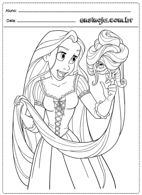 Desenho para colorir da Rapunzel com seu camaleão.