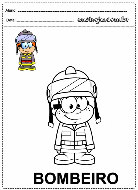 Desenho de um bombeiro sorridente, pronto para ser colorido.