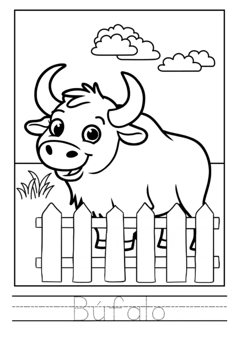 Desenho em preto e branco de um búfalo sorridente atrás de uma cerca com nuvens no céu.