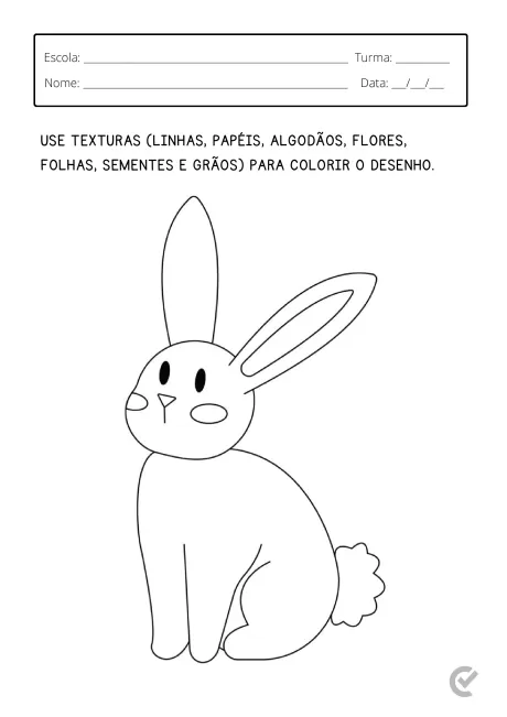Desenho em preto e branco de um coelho sentado, com instruções para colorir usando texturas.