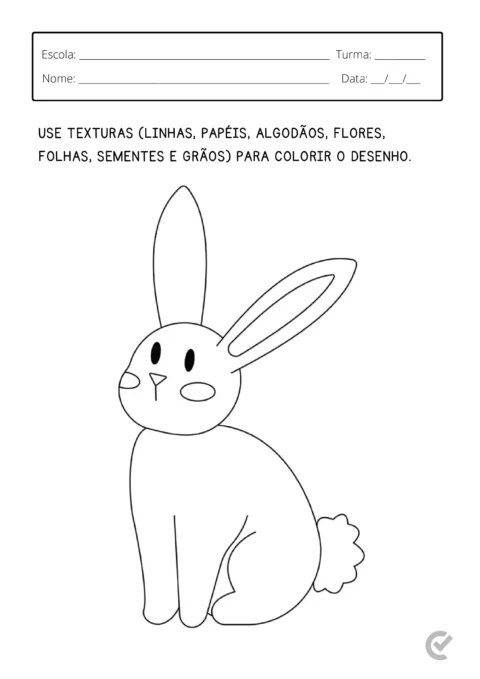 Desenho em preto e branco de um coelho sentado, com instruções para colorir usando texturas.