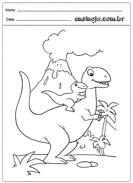 Desenho de dinossauros em um ambiente pré-histórico com um vulcão ao fundo.