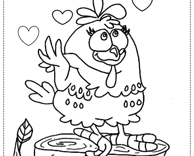Desenho de uma galinha colorida em um tronco com corações ao redor.