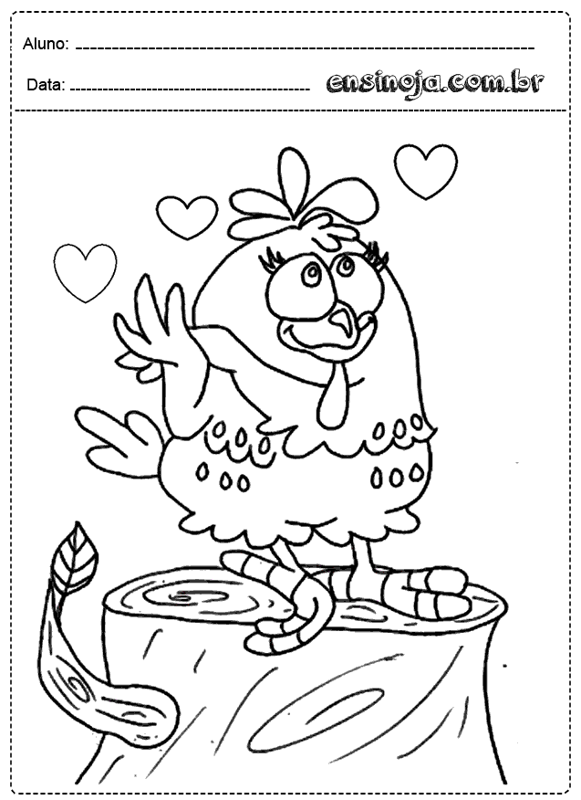 Desenho de uma galinha colorida em um tronco com corações ao redor.
