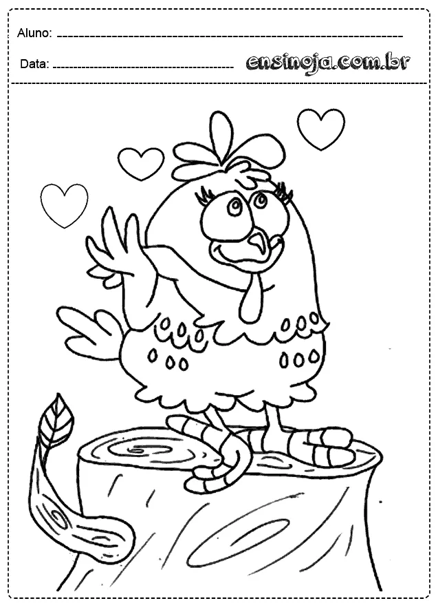 Desenho de uma galinha colorida em um tronco com corações ao redor.