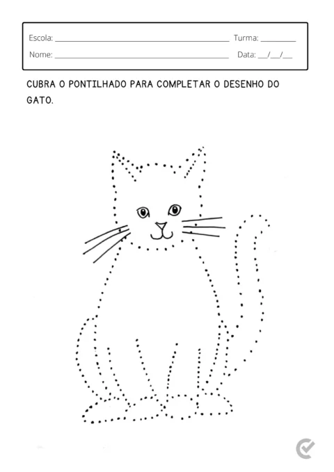 Desenho pontilhado de um gato para ser completado por crianças.
