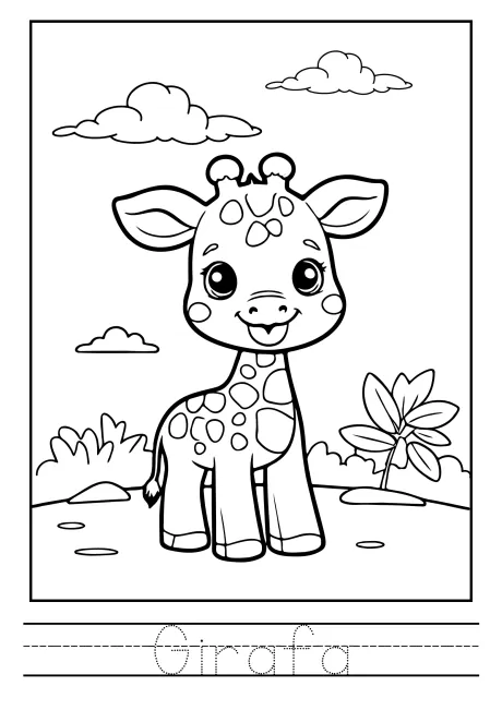 Desenho de uma girafa sorridente em um cenário com nuvens e plantas.