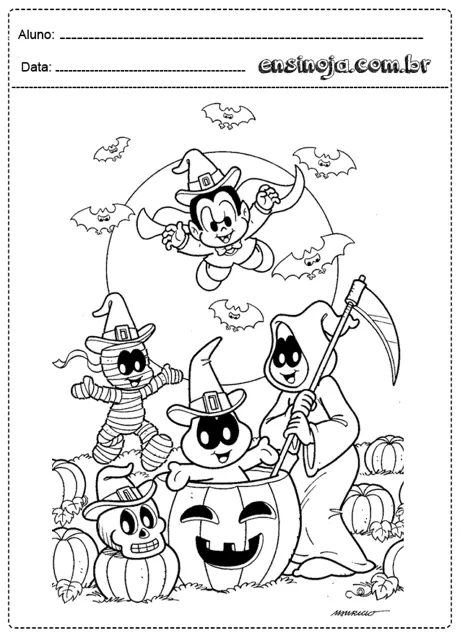 Desenho para colorir com personagens de Halloween, incluindo um fantasma, uma múmia, um esqueleto e um menino com chapéu de bruxa.