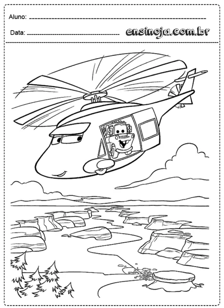 Desenho de um helicóptero com um personagem sorridente voando sobre uma paisagem.