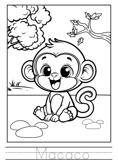 Desenho em preto e branco de um macaco sorridente sentado em um ambiente natural.
