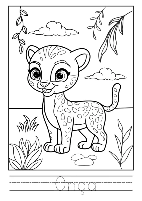 Desenho em preto e branco de uma onça com olhos grandes e expressivos, cercada por plantas e nuvens.