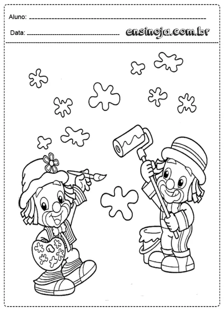 Desenho para colorir de dois palhaços com tintas e pincéis.