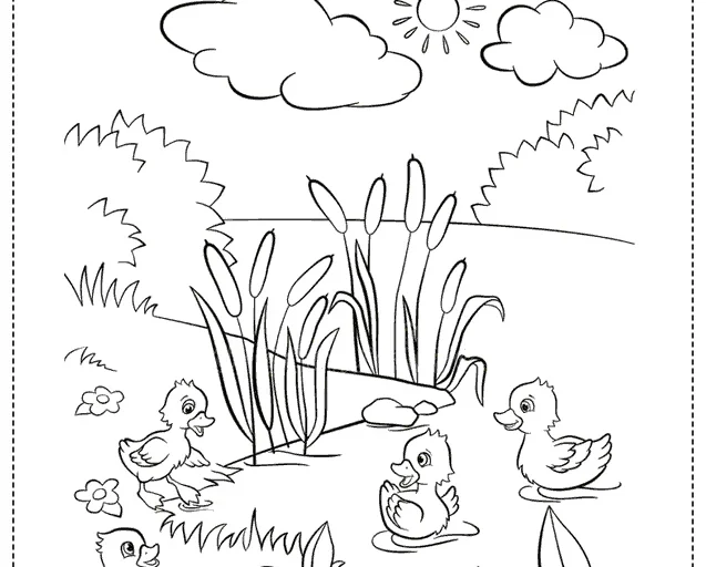 Desenho para colorir de patinhos em um lago com flores e nuvens.