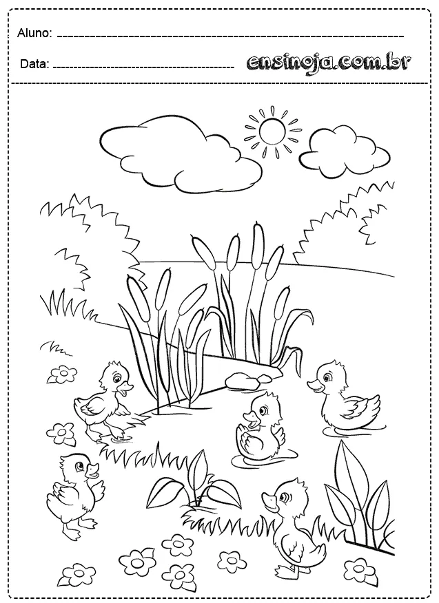 Desenho para colorir de patinhos em um lago com flores e nuvens.