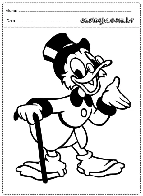 Desenho de um pato com um chapéu e uma bengala, sorrindo e gesticulando.