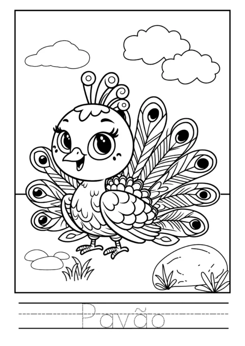 Desenho em preto e branco de um pavão com penas coloridas, sorrindo e em um cenário com nuvens e pedras.