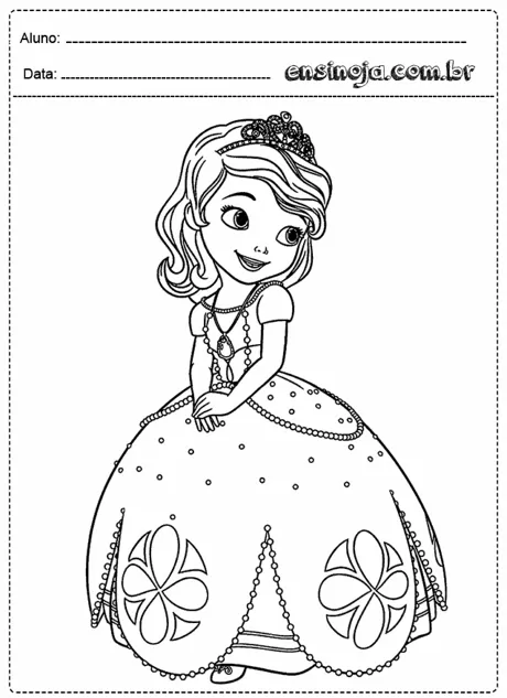 Desenho para colorir de uma princesa com vestido e tiara.