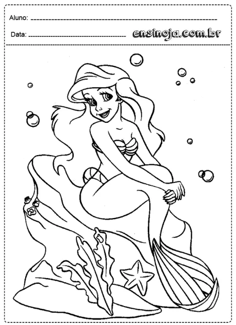 Desenho para colorir de uma sereia sentada embaixo d'água.