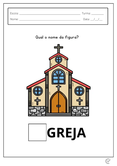 Ilustração de uma igreja com cruzes e uma porta de madeira