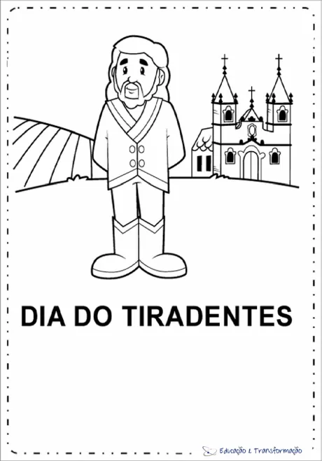 Desenho de Tiradentes em um fundo com uma igreja e campos.