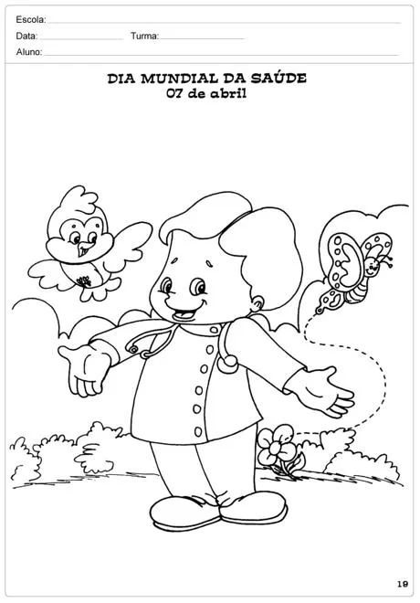 Desenho para colorir do Dia Mundial da Saúde com uma criança, um pássaro e uma borboleta.