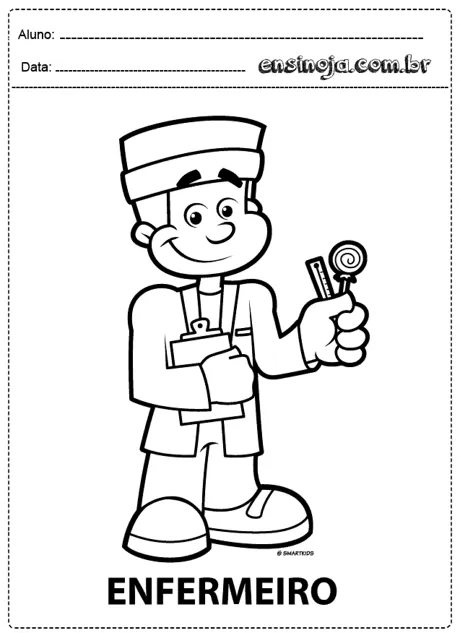 Desenho de um enfermeiro sorridente segurando um termômetro e uma prancheta.