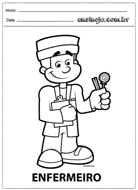 Desenho de um enfermeiro sorridente segurando um termômetro e uma prancheta.