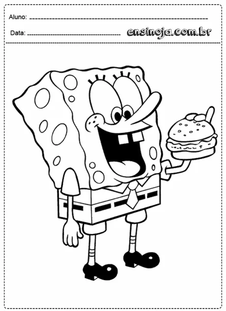 Desenho do personagem esponja que segura um hambúrguer.
