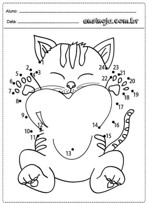 Desenho de um gato feliz com um coração, para colorir e aprender.