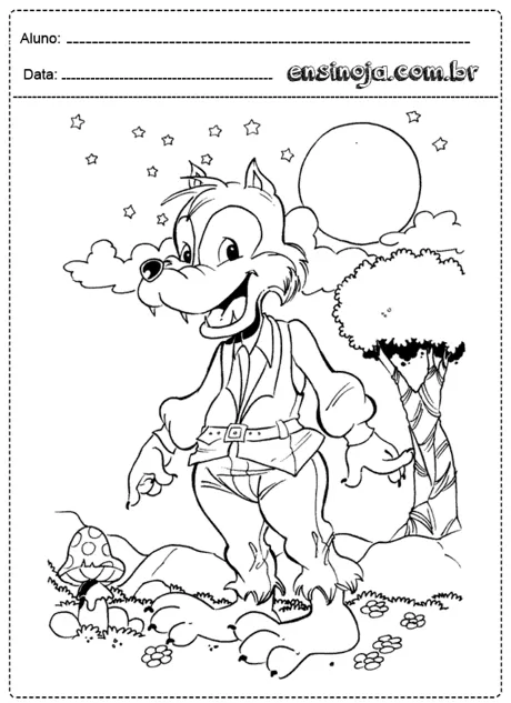 Desenho de um lobo sorridente em um cenário natural com árvores e um cogumelo.